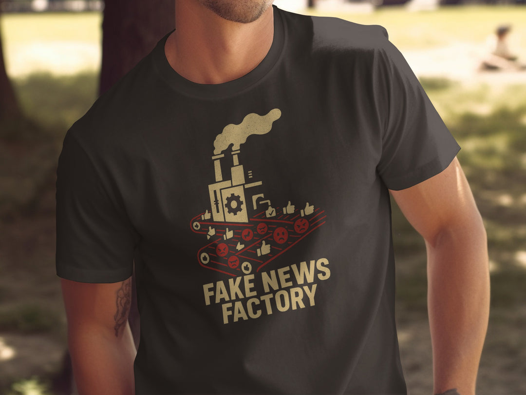 fake news t-shirt with vintage factory conveyor graphic for men