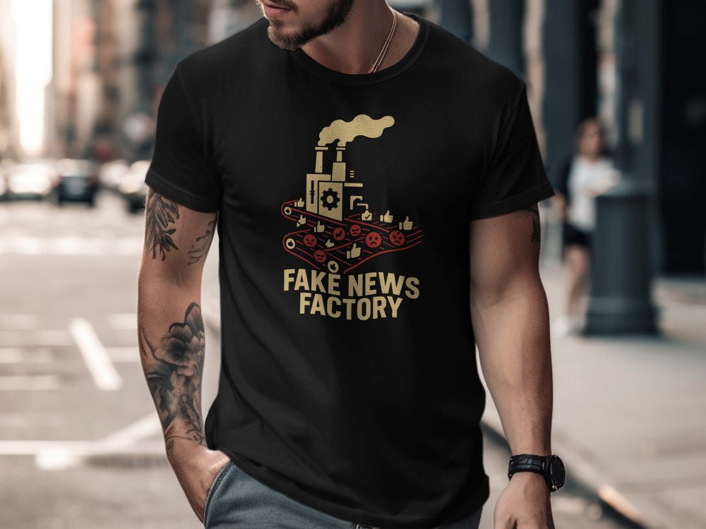 fake news t-shirt with vintage factory conveyor graphic for men