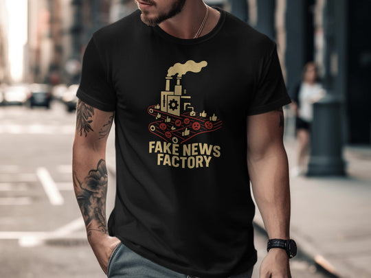 fake news t-shirt with vintage factory conveyor graphic for men