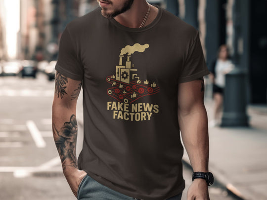 fake news t-shirt with vintage factory conveyor graphic for men