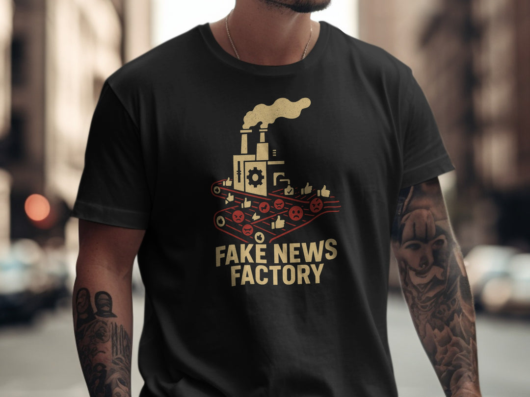 fake news t-shirt with vintage factory conveyor graphic for men