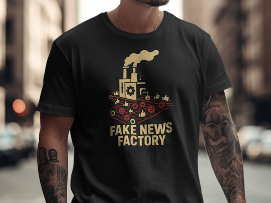 fake news t-shirt with vintage factory conveyor graphic for men
