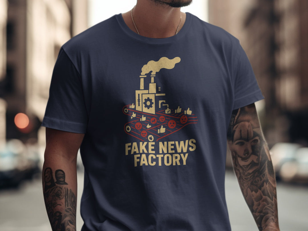 fake news t-shirt with vintage factory conveyor graphic for men