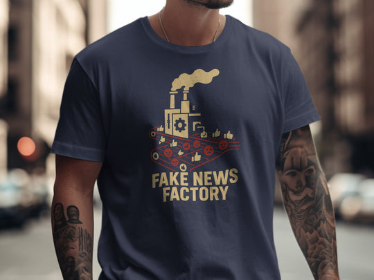 fake news t-shirt with vintage factory conveyor graphic for men
