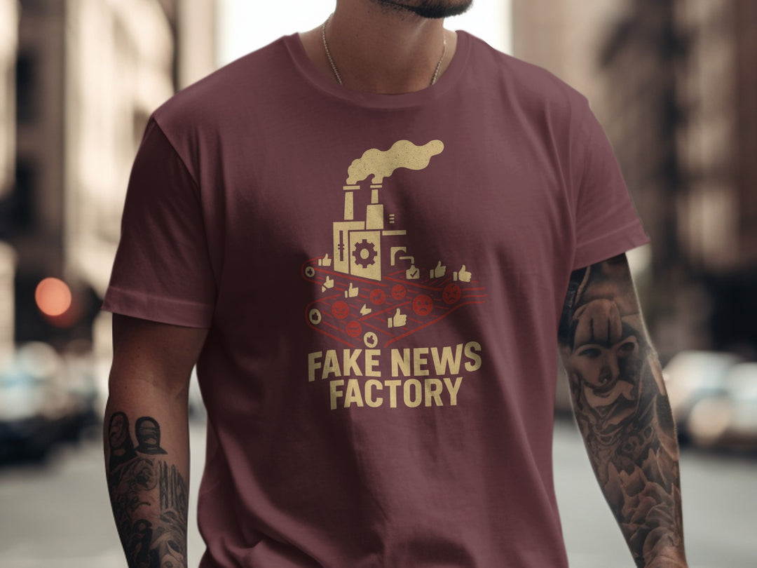 fake news t-shirt with vintage factory conveyor graphic for men
