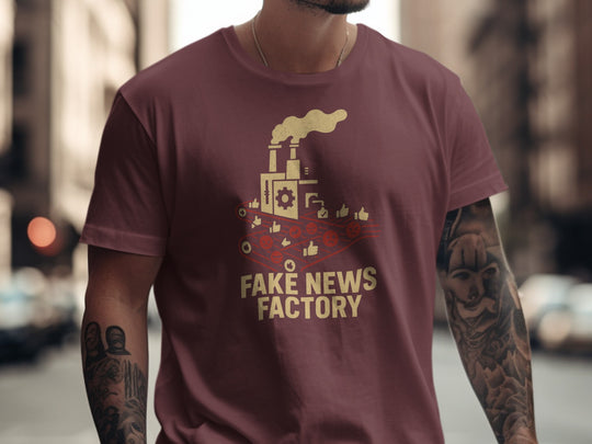 fake news t-shirt with vintage factory conveyor graphic for men