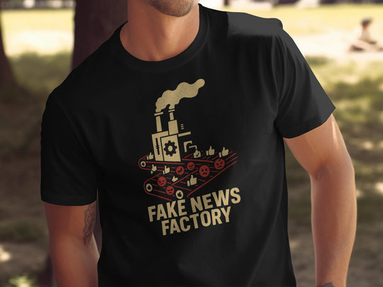 fake news t-shirt with vintage factory conveyor graphic for men