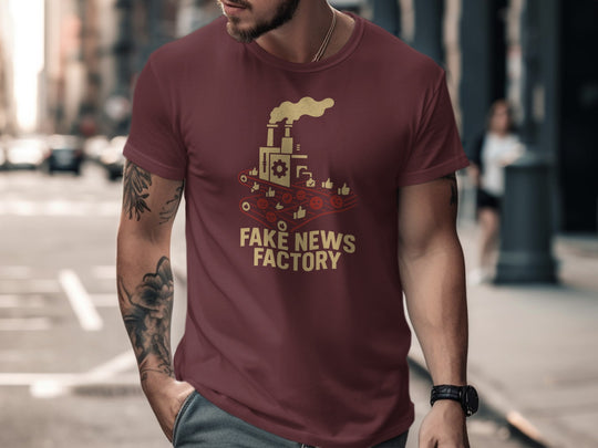fake news t-shirt with vintage factory conveyor graphic for men