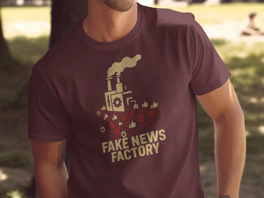 fake news t-shirt with vintage factory conveyor graphic for men