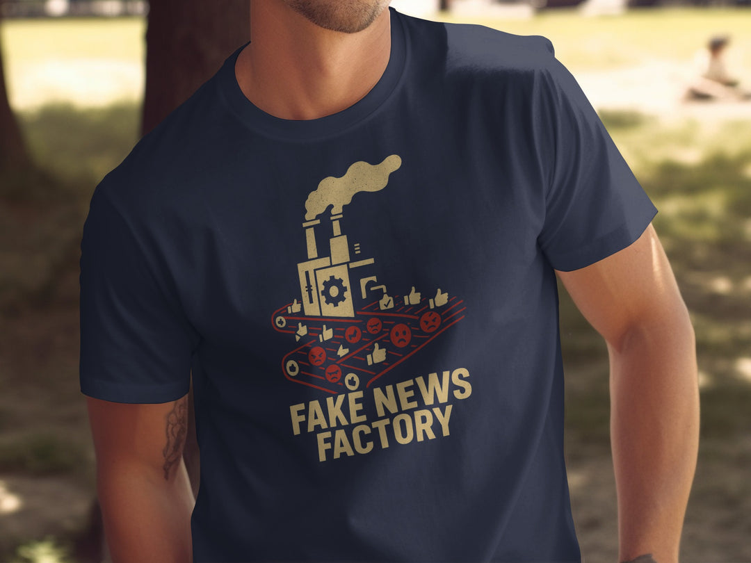 fake news t-shirt with vintage factory conveyor graphic for men