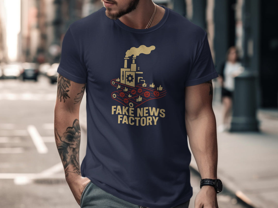 fake news t-shirt with vintage factory conveyor graphic for men