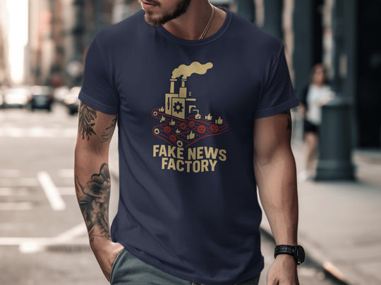 fake news t-shirt with vintage factory conveyor graphic for men