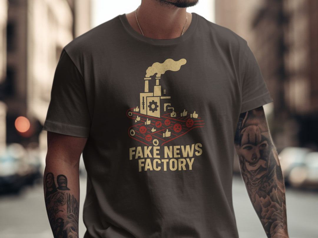 fake news t-shirt with vintage factory conveyor graphic for men
