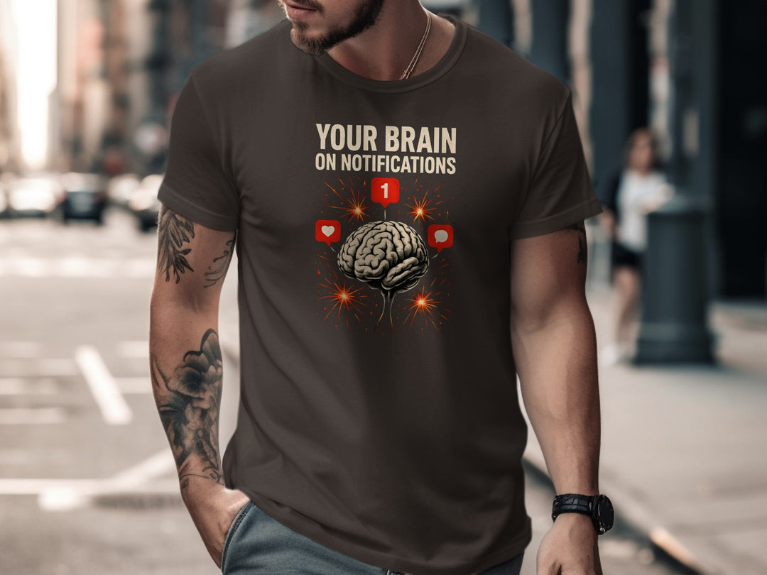 social media awareness t-shirt with brain and notification icons for men
