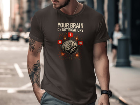 social media awareness t-shirt with brain and notification icons for men