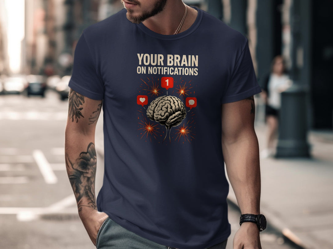 social media awareness t-shirt with brain and notification icons for men