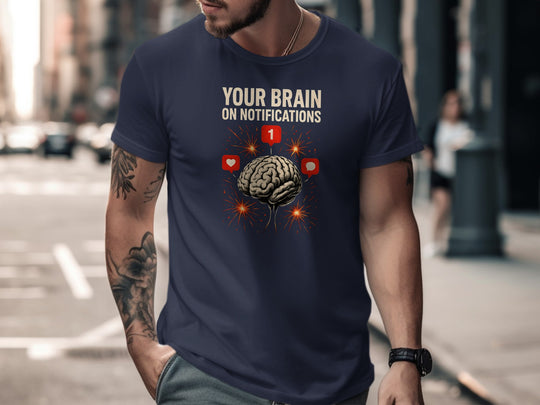social media awareness t-shirt with brain and notification icons for men