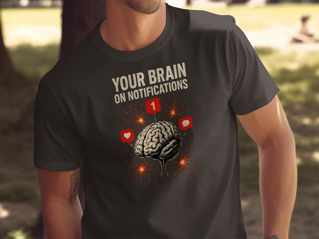 social media awareness t-shirt with brain and notification icons for men