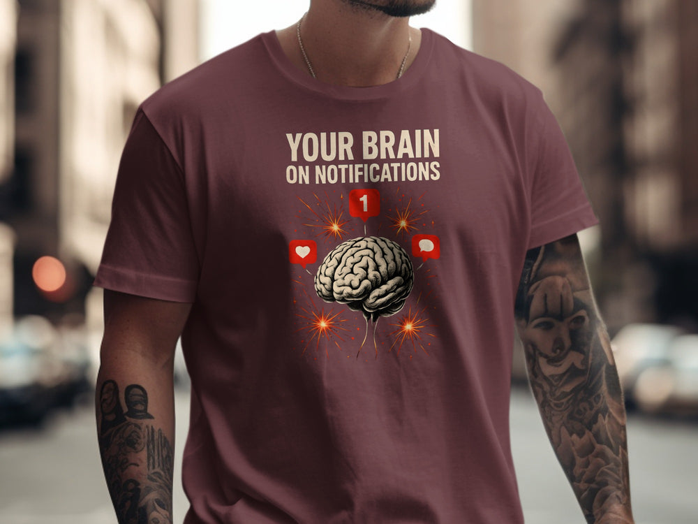 social media awareness t-shirt with brain and notification icons for men