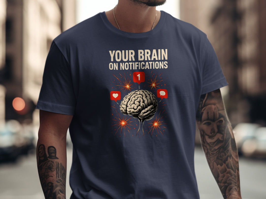 social media awareness t-shirt with brain and notification icons for men
