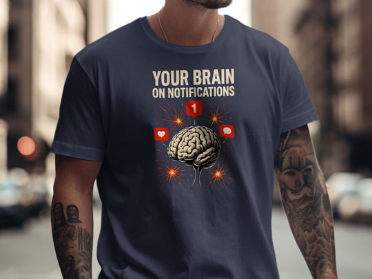 social media awareness t-shirt with brain and notification icons for men