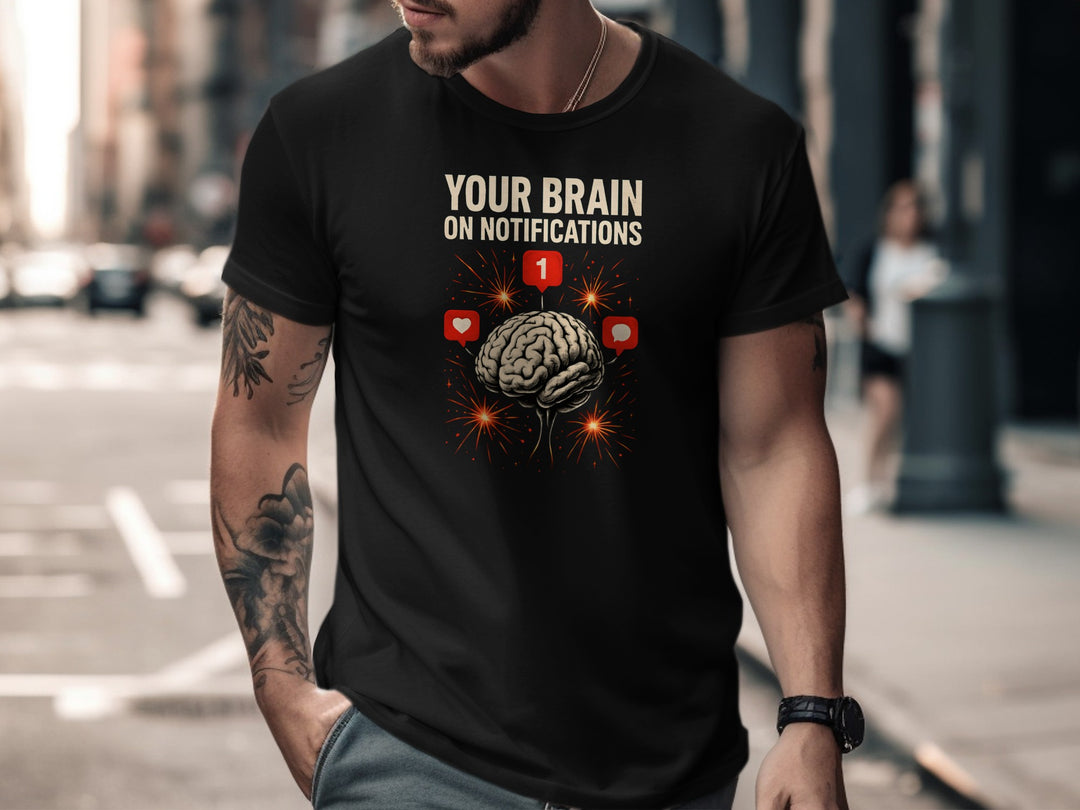 social media awareness t-shirt with brain and notification icons for men