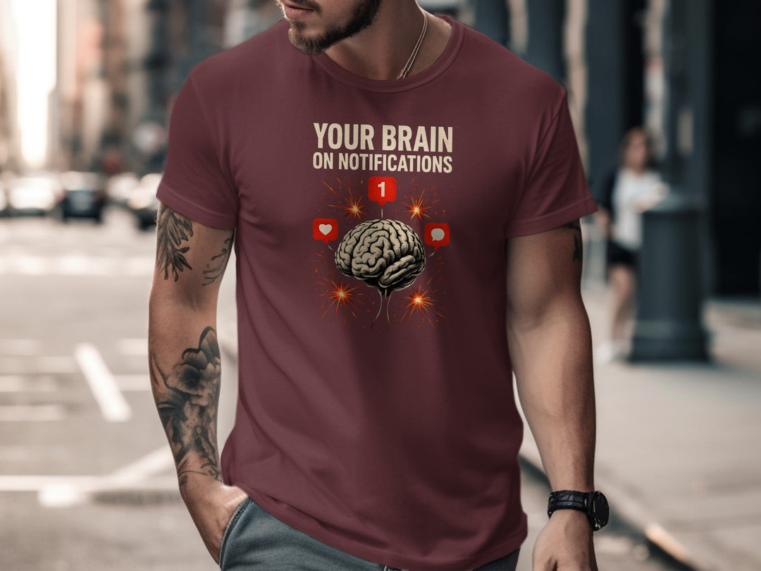 social media awareness t-shirt with brain and notification icons for men