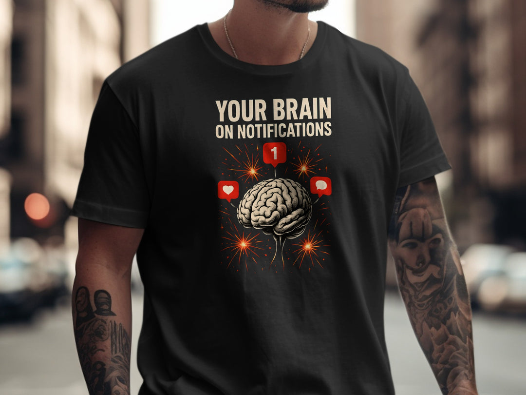 social media awareness t-shirt with brain and notification icons for men