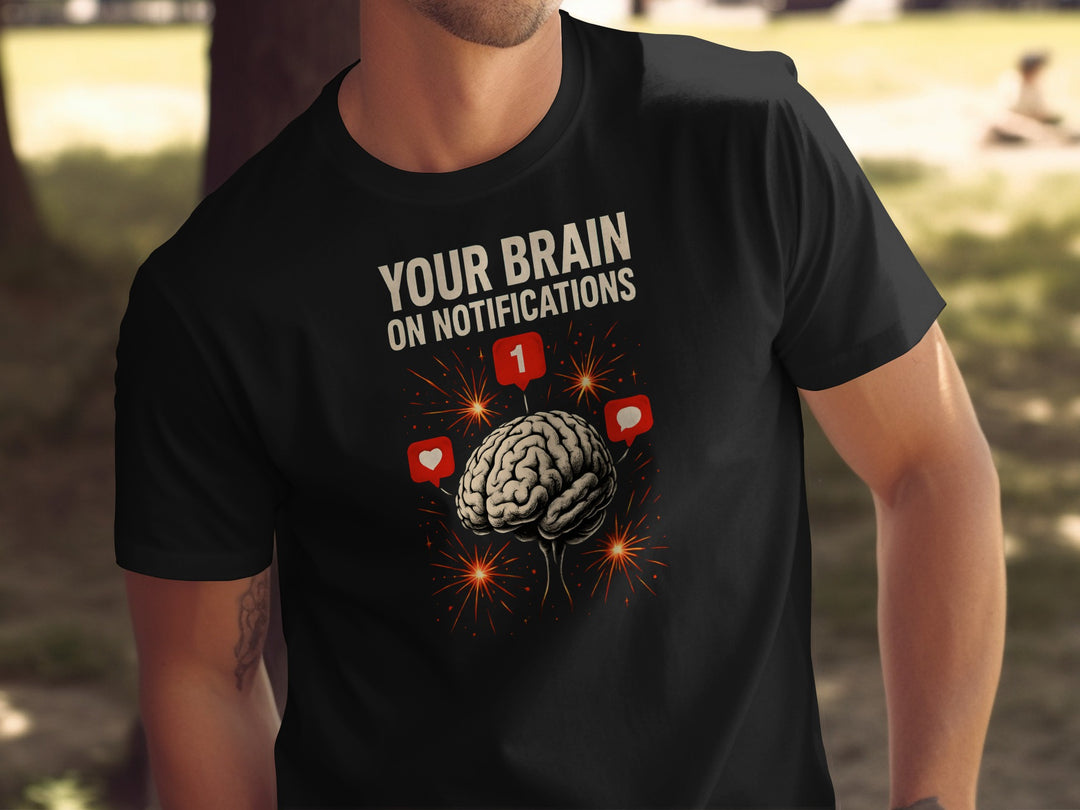 social media awareness t-shirt with brain and notification icons for men