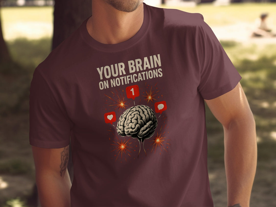 social media awareness t-shirt with brain and notification icons for men