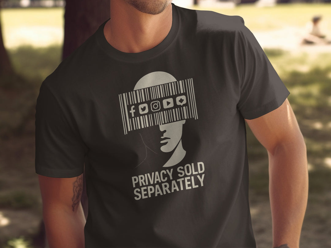 Privacy Sold Separately barcode face with social icons — men’s t-shirt graphic