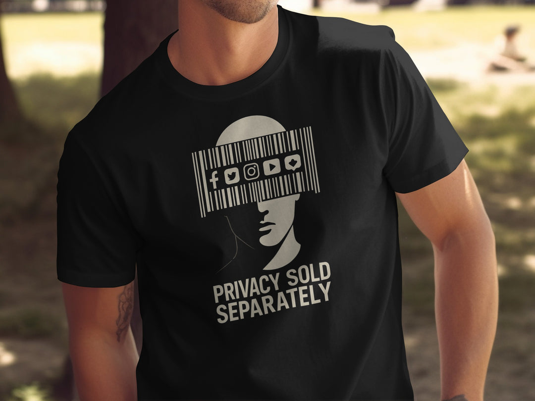 Privacy Sold Separately barcode face with social icons — men’s t-shirt graphic