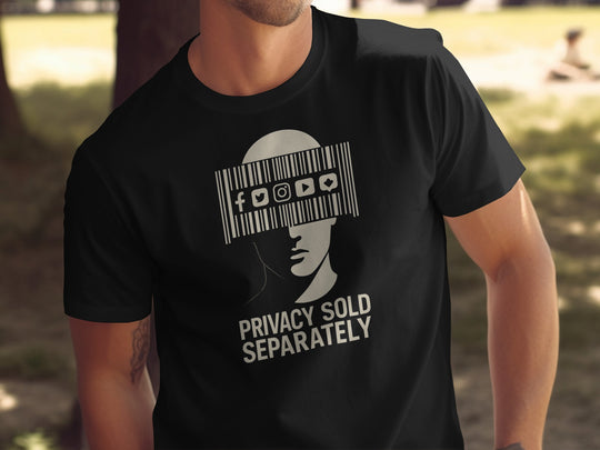 Privacy Sold Separately barcode face with social icons — men’s t-shirt graphic