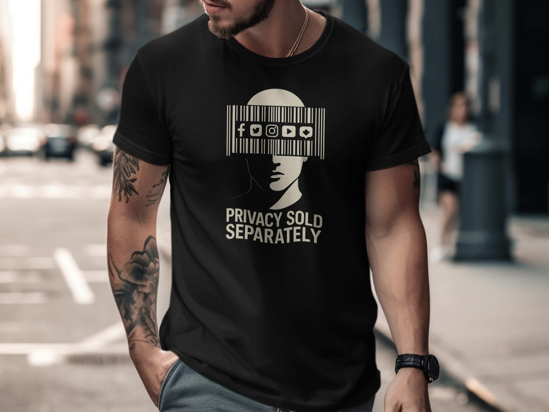 Privacy Sold Separately barcode face with social icons — men’s t-shirt graphic