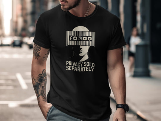 Privacy Sold Separately barcode face with social icons — men’s t-shirt graphic