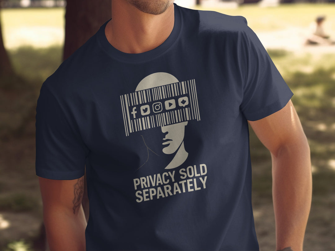 Privacy Sold Separately barcode face with social icons — men’s t-shirt graphic