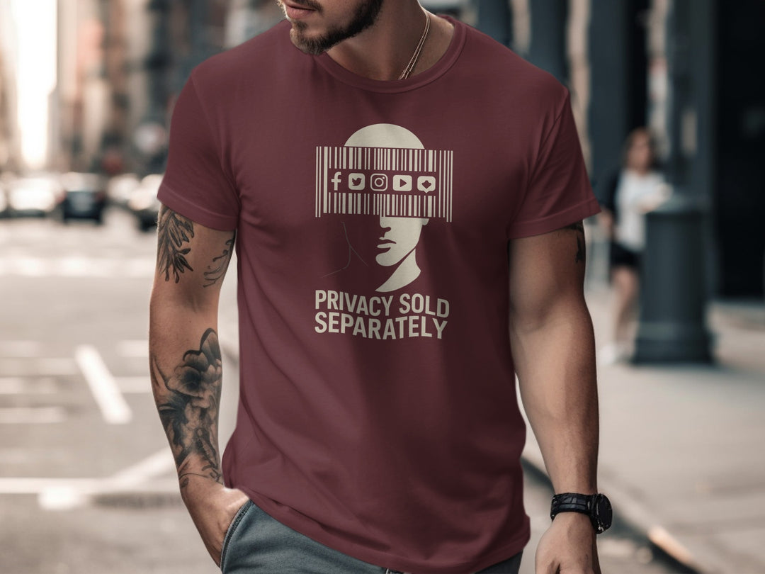 Privacy Sold Separately barcode face with social icons — men’s t-shirt graphic