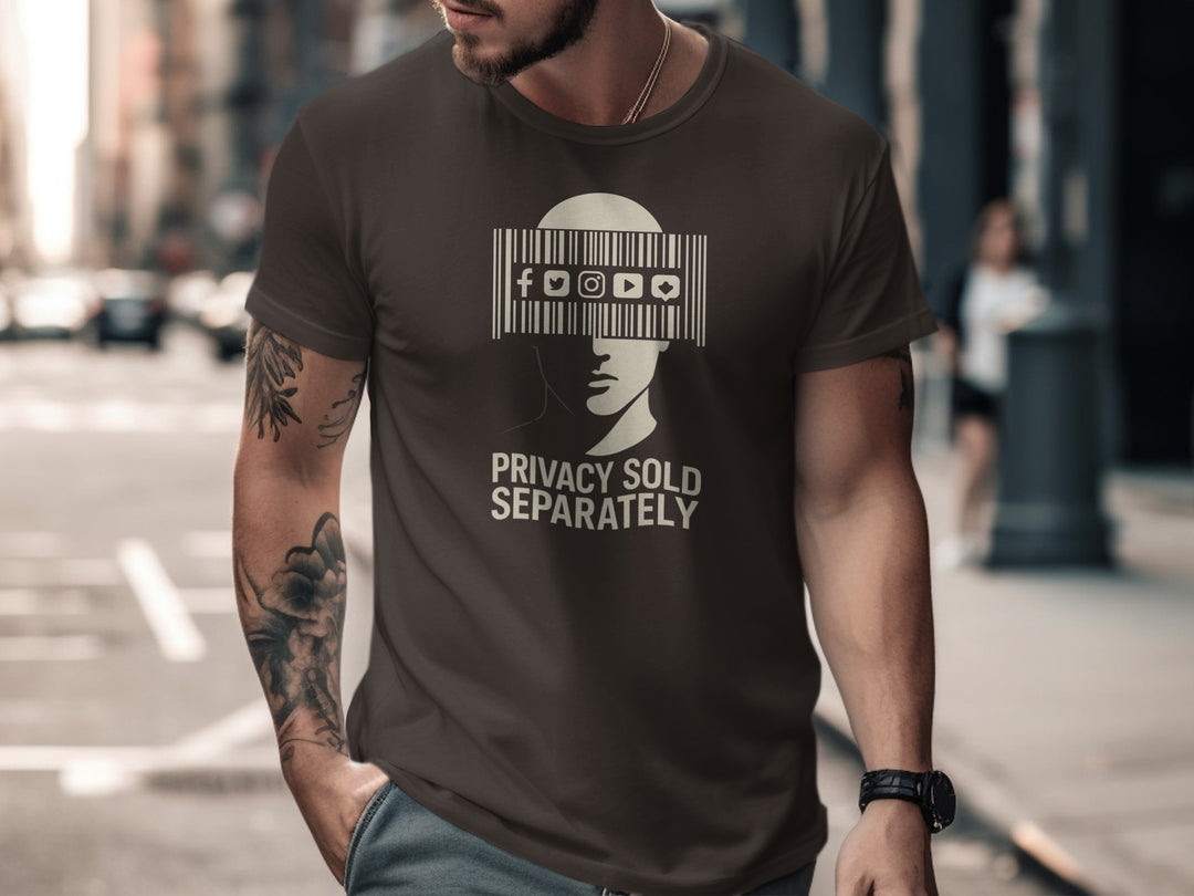 Privacy Sold Separately barcode face with social icons — men’s t-shirt graphic
