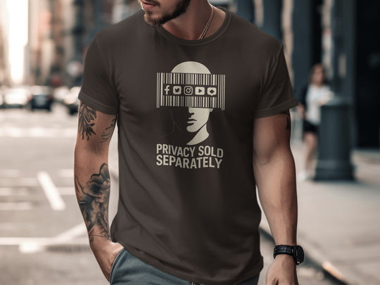 Privacy Sold Separately barcode face with social icons — men’s t-shirt graphic