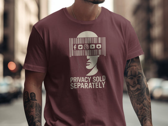 Privacy Sold Separately barcode face with social icons — men’s t-shirt graphic