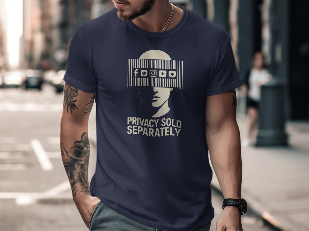 Privacy Sold Separately barcode face with social icons — men’s t-shirt graphic