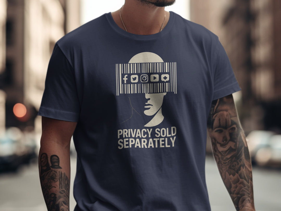 Privacy Sold Separately barcode face with social icons — men’s t-shirt graphic