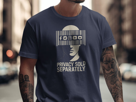 Privacy Sold Separately barcode face with social icons — men’s t-shirt graphic