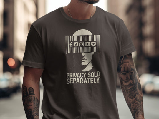 Privacy Sold Separately barcode face with social icons — men’s t-shirt graphic
