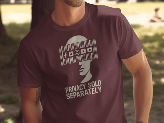 Privacy Sold Separately barcode face with social icons — men’s t-shirt graphic