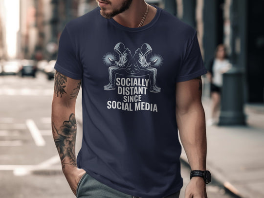 social media t-shirt “socially distant since social media” men’s graphic tee with hooded phone users