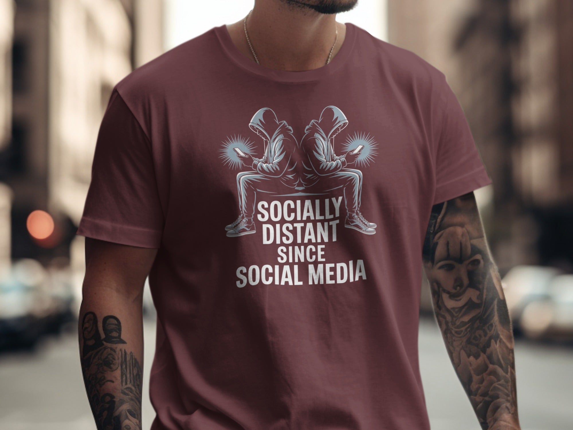 social media t-shirt “socially distant since social media” men’s graphic tee with hooded phone users