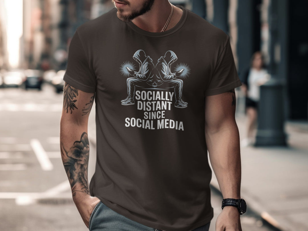 social media t-shirt “socially distant since social media” men’s graphic tee with hooded phone users