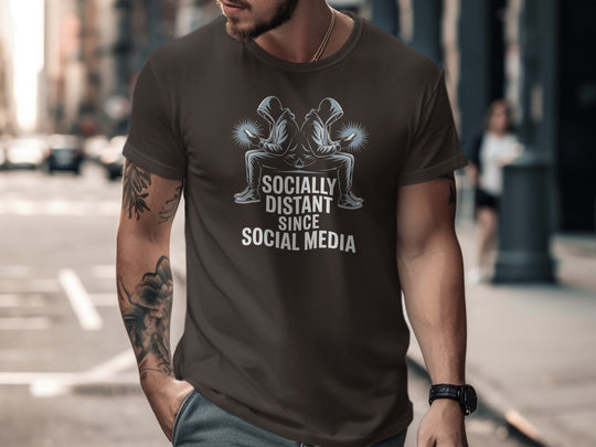 social media t-shirt “socially distant since social media” men’s graphic tee with hooded phone users