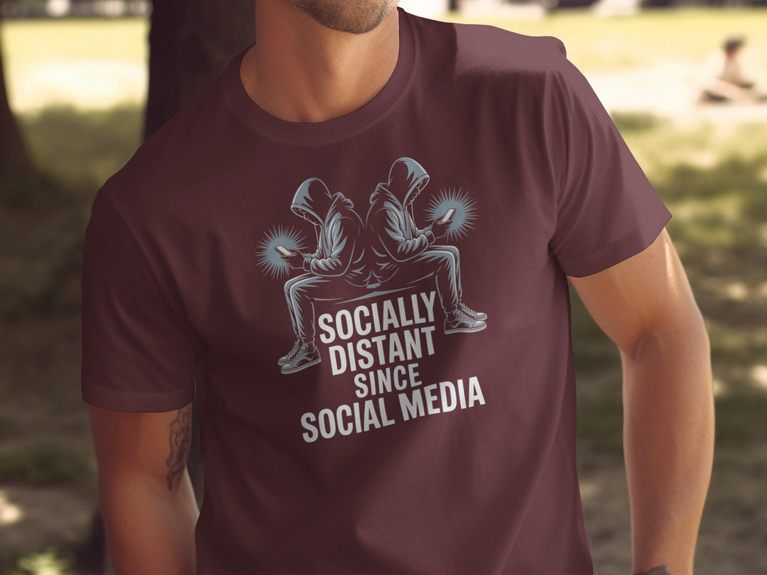 social media t-shirt “socially distant since social media” men’s graphic tee with hooded phone users